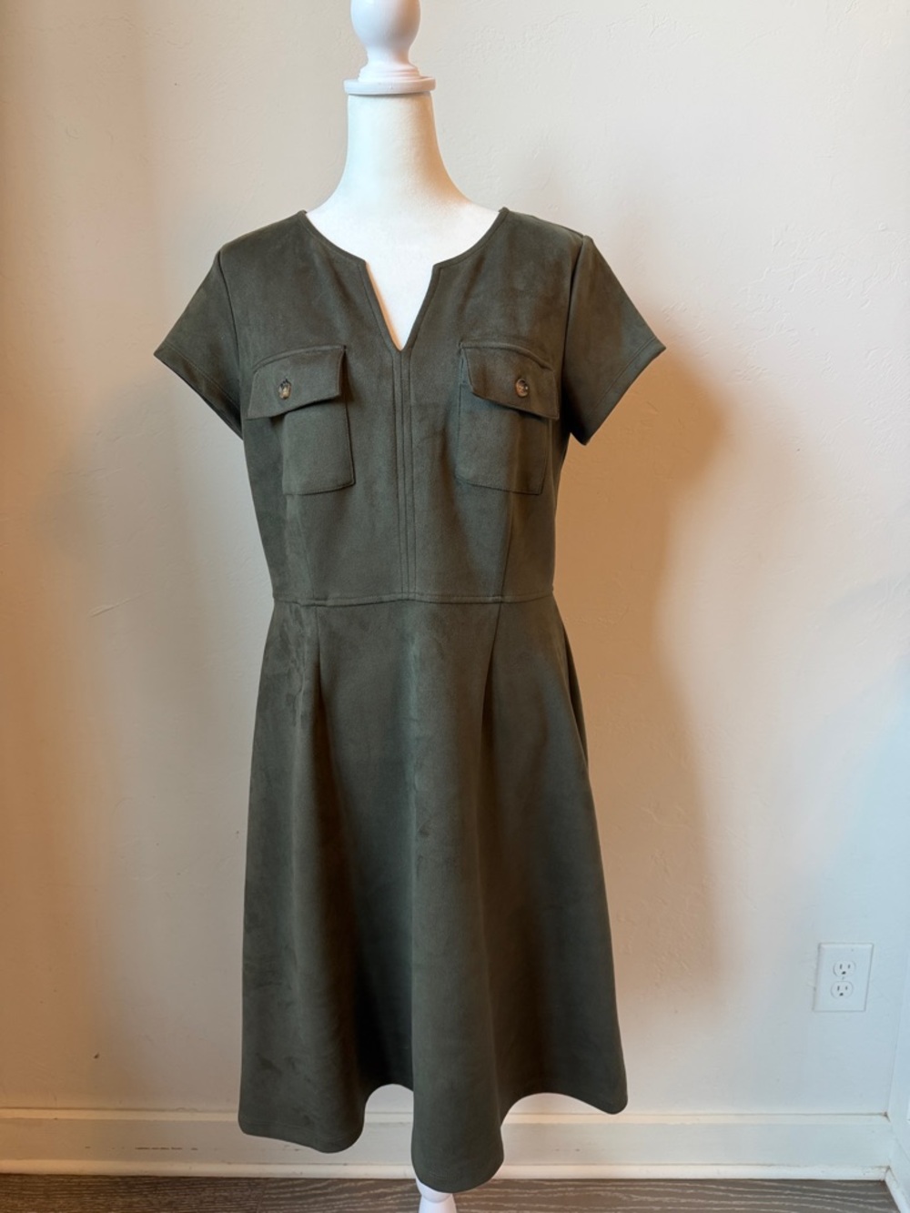 Shelby & Palmer Olive Notch-Neck A-Line Midi Dress